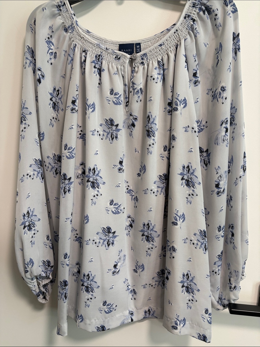 Kaari Blue Light Gray Peasant Blouse with Blue Floral Print